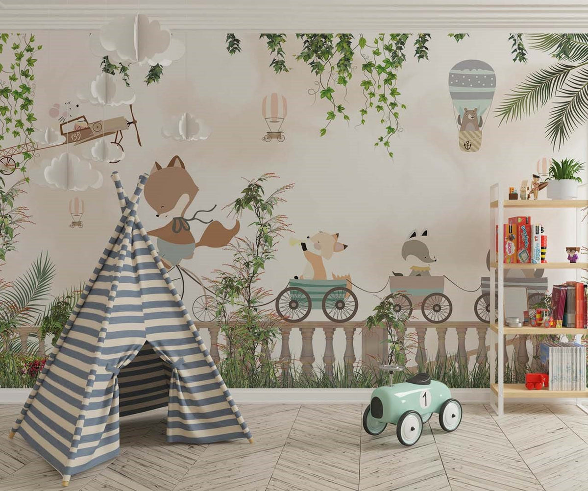 Tapet Personalizat Micii Exploratori cu animale la plimbare printre ruine cu vegetatie - RUINS RIDE