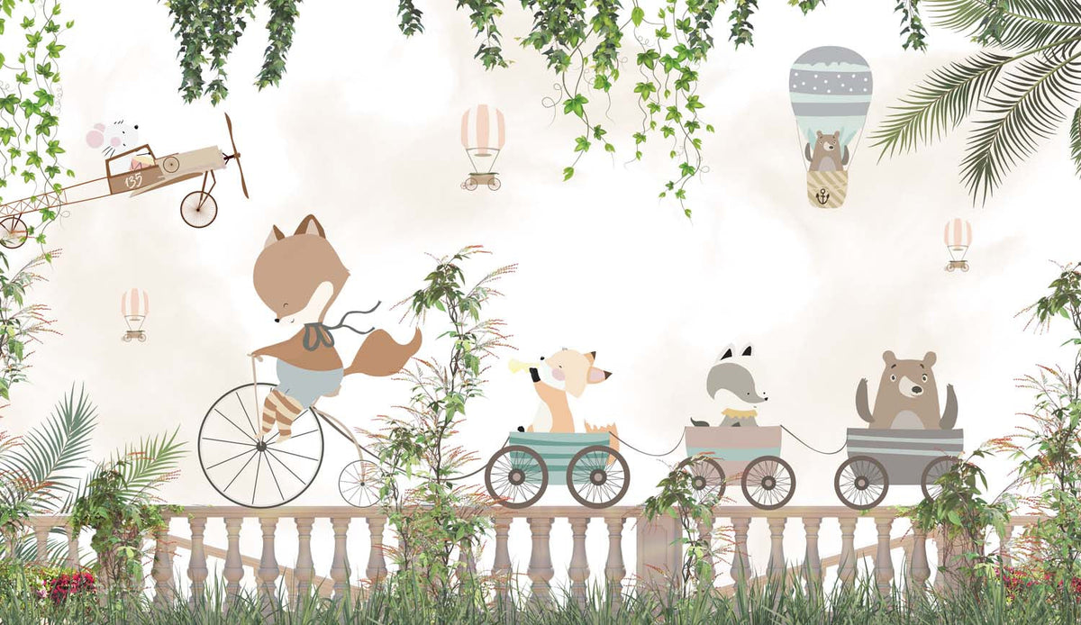 Tapet Personalizat Micii Exploratori cu animale la plimbare printre ruine cu vegetatie - RUINS RIDE