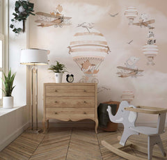 Tapet Personalizat Micii Exploratori cu animale in baloane cu aer cald si avioane in nuante crem sepia - FLOATING ANIMALS