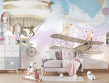 Tapet Personalizat Micii Exploratori cu animale care canta pe avion pe cerul multicolor - PASTEL FLYING SONGS