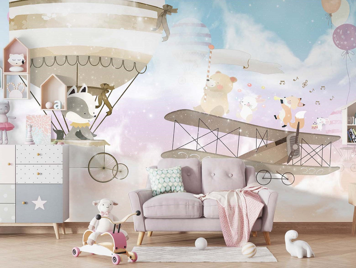 Tapet Personalizat Micii Exploratori cu animale care canta pe avion pe cerul multicolor - PASTEL FLYING SONGS