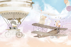 Tapet Personalizat Micii Exploratori cu animale care canta pe avion pe cerul multicolor - PASTEL FLYING SONGS