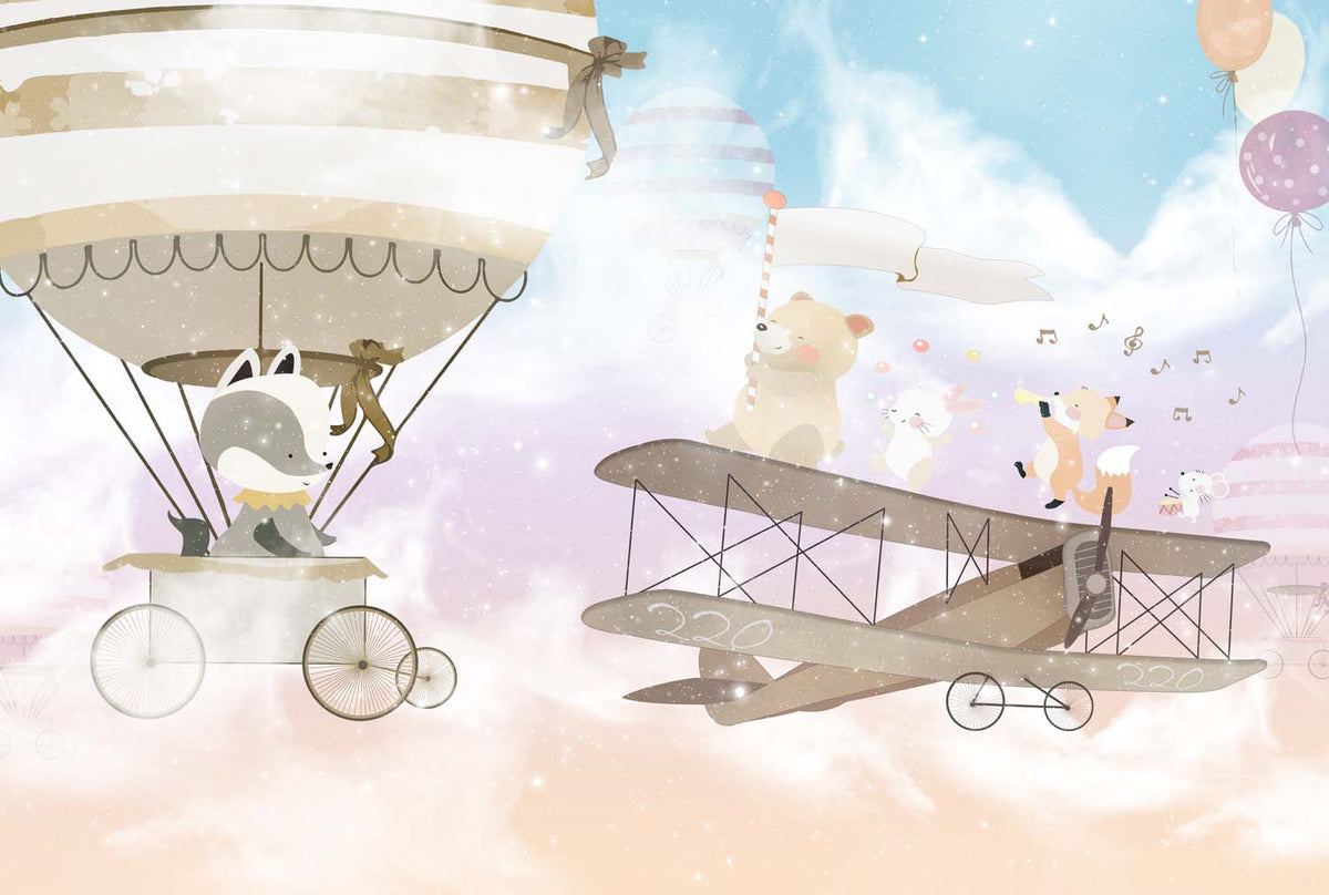 Tapet Personalizat Micii Exploratori cu animale care canta pe avion pe cerul multicolor - PASTEL FLYING SONGS