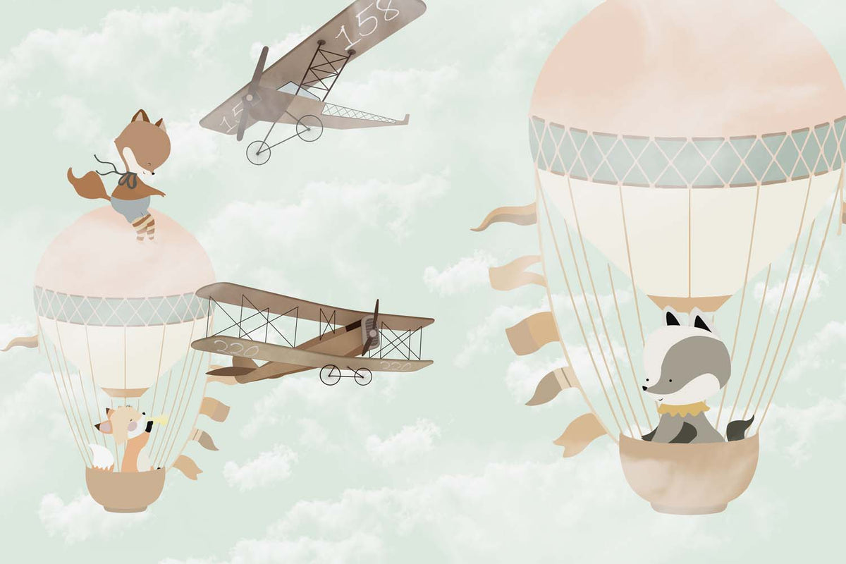 Tapet Personalizat Micii Exploratori cu animale pe baloanele cu aer cald pe cer verde menta - CARTOON FLIGHT