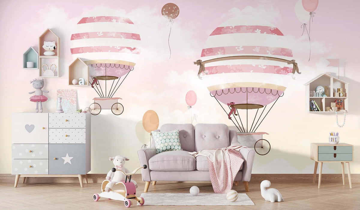 Tapet Personalizat Micii Exploratori cu baloane cu aer cald pe fundal roz-galben - PINK BIRTHDAY BALLOONS
