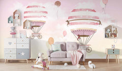 Tapet Personalizat Micii Exploratori cu baloane cu aer cald pe fundal roz-galben - PINK BIRTHDAY BALLOONS
