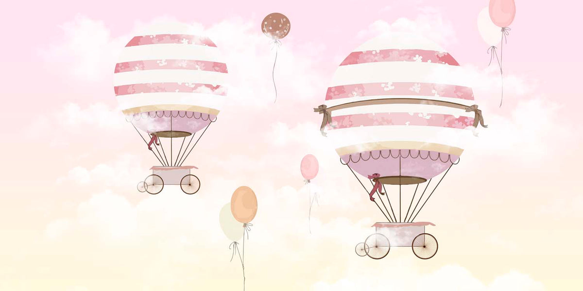 Tapet Personalizat Micii Exploratori cu baloane cu aer cald pe fundal roz-galben - PINK BIRTHDAY BALLOONS