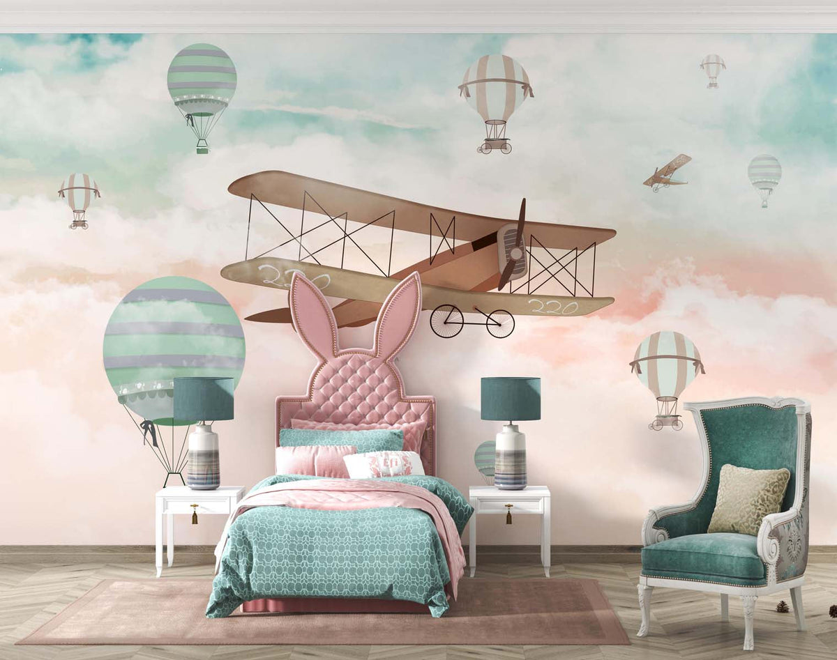 Tapet Personalizat Micii Exploratori cu avion biplan si baloane cu aer cald pe cerul gradient albastru crem - CALM SKY ABOVE