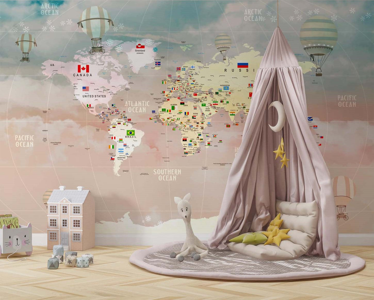 Tapet Personalizat Micii Exploratori cu harta lumii detaliata cu steaguri pe un fundal gradient - GLOBE FLAGS MAP