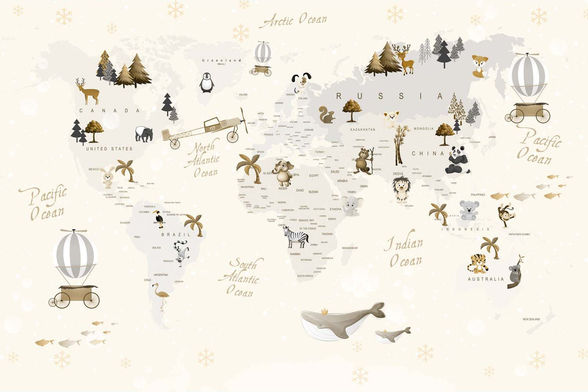 Tapet Personalizat Micii Exploratori cu harta lumii in nuante de bej cu fulgi de zapada - BEIGE SNOWFLAKES MAP