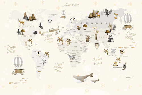 Tapet Personalizat Micii Exploratori cu harta lumii in nuante de bej cu fulgi de zapada - BEIGE SNOWFLAKES MAP