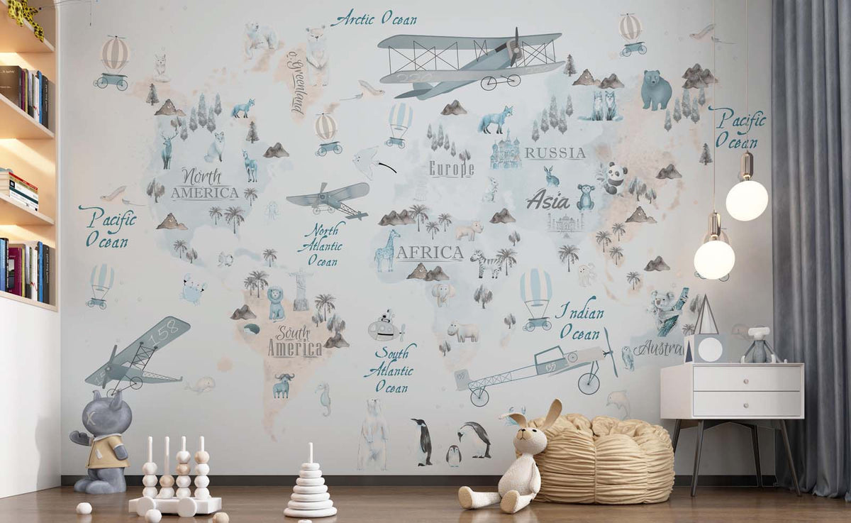 Tapet Personalizat Micii Exploratori cu harta lumii cu animale si avioane in nuante de albastru si bej - THE BLUE MAP