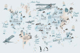 Tapet Personalizat Micii Exploratori cu harta lumii cu animale si avioane in nuante de albastru si bej - THE BLUE MAP