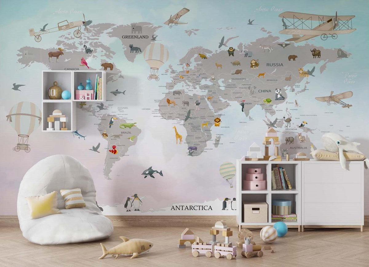 Tapet Personalizat Micii Exploratori cu harta lumii cu animale si avioane cu fundal in gradient de albastru si roz - PASTEL GREY CONTINENTS