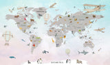 Tapet Personalizat Micii Exploratori cu harta lumii cu animale si avioane cu fundal in gradient de albastru si roz - PASTEL GREY CONTINENTS