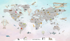 Tapet Personalizat Micii Exploratori cu harta lumii cu animale si avioane cu fundal in gradient de albastru si roz - PASTEL GREY CONTINENTS