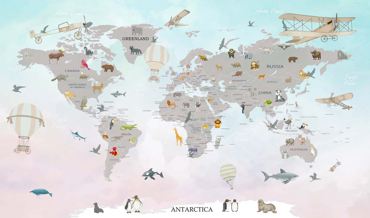 Tapet Personalizat Micii Exploratori cu harta lumii cu animale si avioane cu fundal in gradient de albastru si roz - PASTEL GREY CONTINENTS