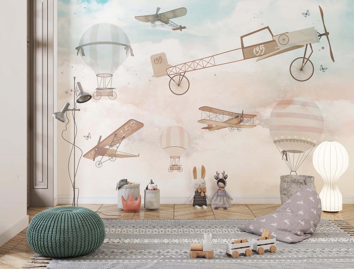 Tapet Personalizat Micii Exploratori cu avioane, baloane cu aer cald si fluturi in stil vintage - VINTAGE BUTTERFLY PLANES