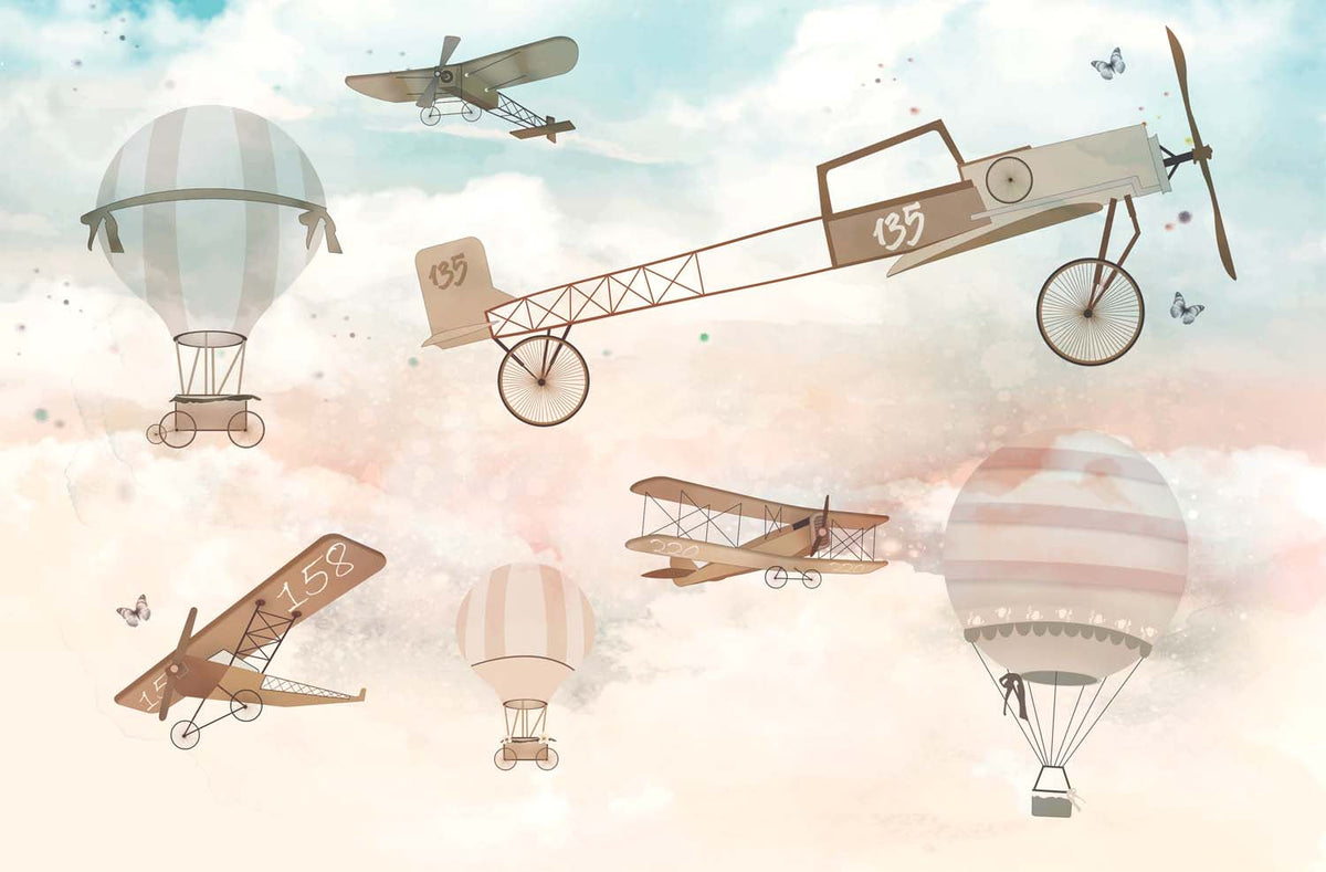 Tapet Personalizat Micii Exploratori cu avioane, baloane cu aer cald si fluturi in stil vintage - VINTAGE BUTTERFLY PLANES