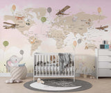 Tapet Personalizat Micii Exploratori cu harta lumii cu animale in nuante gradient de roz si crem - SUNNY MAP