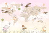Tapet Personalizat Micii Exploratori cu harta lumii cu animale in nuante gradient de roz si crem - SUNNY MAP