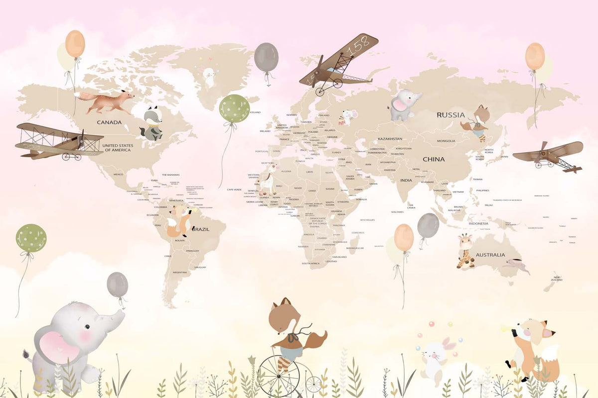 Tapet Personalizat Micii Exploratori cu harta lumii cu animale in nuante gradient de roz si crem - SUNNY MAP