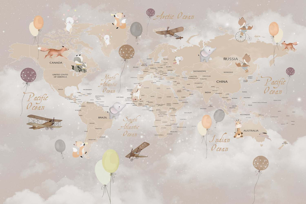 Tapet Personalizat Micii Exploratori cu harta lumii cu animale, baloane si avioane si accente de lumina - TWINKLE LIGHTS MAP