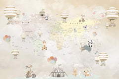 Tapet Personalizat Micii Exploratori cu harta lumii cu animalute la circ si baloane cu aer cald pe un fundal bej - BEIGE CELEBRATION MAP