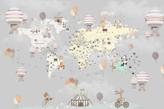 Tapet Personalizat Micii Exploratori cu harta lumii cu animalute la circ si baloane cu aer cald pe un fundal gri - GREY CELEBRATION MAP