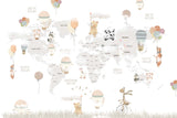 Tapet Personalizat Micii Exploratori cu harta lumii cu animalute plutind cu baloane cu aer cald pe un fundal alb - WHITE CELEBRATION MAP