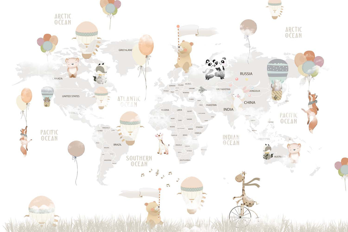 Tapet Personalizat Micii Exploratori cu harta lumii cu animalute plutind cu baloane cu aer cald pe un fundal alb - WHITE CELEBRATION MAP