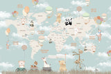 Tapet Personalizat Micii Exploratori cu harta lumii cu animalute plutind cu baloane cu aer cald pe un fundal albastru - BLUE CELEBRATION MAP