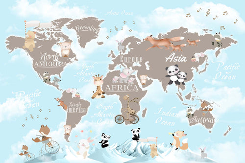 Tapet Personalizat Micii Exploratori cu continente si animalute ilustrate intr-un peisaj de iarna cu munti inzapeziti - BABY ANIMALS WINTER MAP