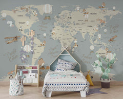 Tapet Personalizat Micii Exploratori cu harta lumii si animale calatoare - TRAVELING ANIMALS MAP