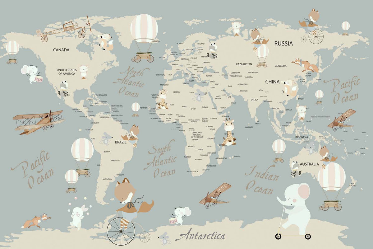 Tapet Personalizat Micii Exploratori cu harta lumii si animale calatoare - TRAVELING ANIMALS MAP