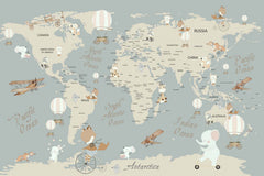 Tapet Personalizat Micii Exploratori cu harta lumii si animale calatoare - TRAVELING ANIMALS MAP