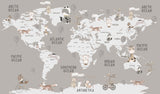 Tapet Personalizat Micii Exploratori cu harta lumii si animale calatoare pe un fundal bej - TRAVELING ANIMALS MAP GREJ
