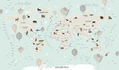 Tapet Personalizat Micii Exploratori cu harta lumii si baloane gri pe un fundal albastru deschis - GREJ BALLOONS MAP