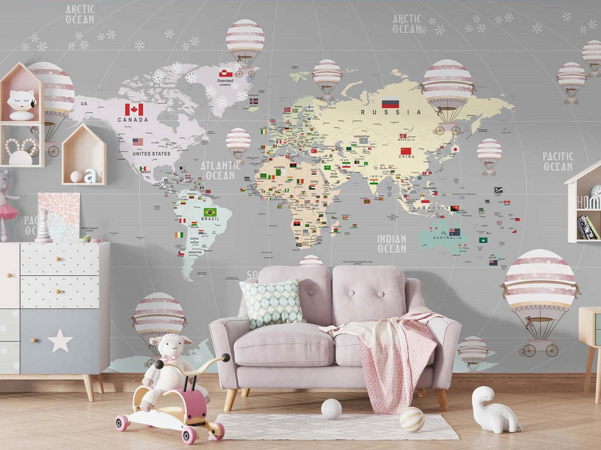 Tapet Personalizat Micii Exploratori cu harta globului pamantesc cu continente detaliate si baloane cu aer cald - GREY GLOBE MAP