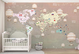 Tapet Personalizat Micii Exploratori cu harta globului pamantesc cu continente detaliate si baloane cu aer cald in nuante gradient - PEACHY GLOBE MAP