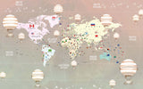 Tapet Personalizat Micii Exploratori cu harta globului pamantesc cu continente detaliate si baloane cu aer cald in nuante gradient - PEACHY GLOBE MAP