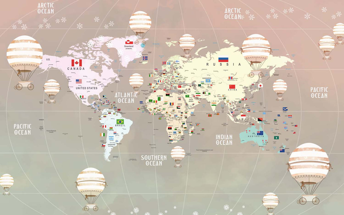 Tapet Personalizat Micii Exploratori cu harta globului pamantesc cu continente detaliate si baloane cu aer cald in nuante gradient - PEACHY GLOBE MAP