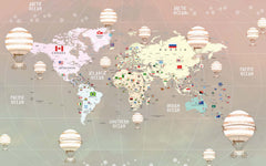 Tapet Personalizat Micii Exploratori cu harta globului pamantesc cu continente detaliate si baloane cu aer cald in nuante gradient - PEACHY GLOBE MAP