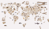 Tapet Personalizat Micii Exploratori cu harta lumii cu animale si baloane cu aer cald in nuante sepia maro - FLYING OVER THE MAP BEIGE