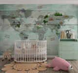 Tapet Personalizat Micii Exploratori cu harta lumii pe un fundal de placi de lemn in nuante de verde - GREEN WOOD TEXTURED MAP