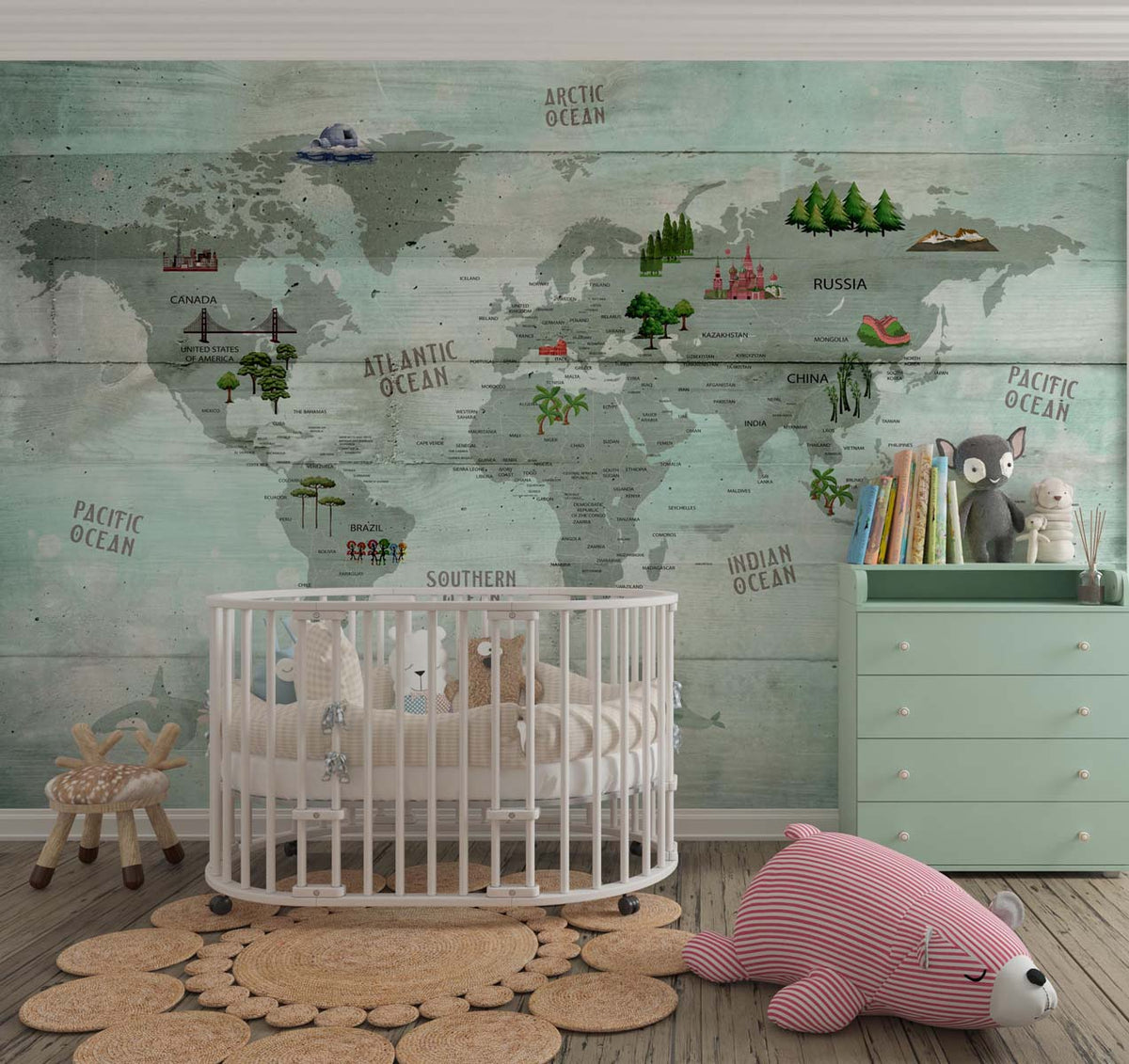 Tapet Personalizat Micii Exploratori cu harta lumii pe un fundal de placi de lemn in nuante de verde - GREEN WOOD TEXTURED MAP