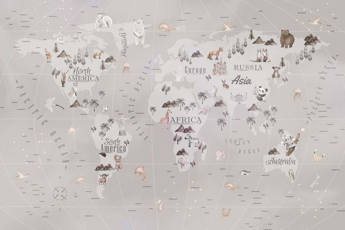 Tapet Personalizat Micii Exploratori cu harta lumii cu palmieri si animale in nuante de gri - GREJ GLOBE MAP