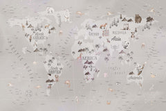 Tapet Personalizat Micii Exploratori cu harta lumii cu palmieri si animale in nuante de gri - GREJ GLOBE MAP