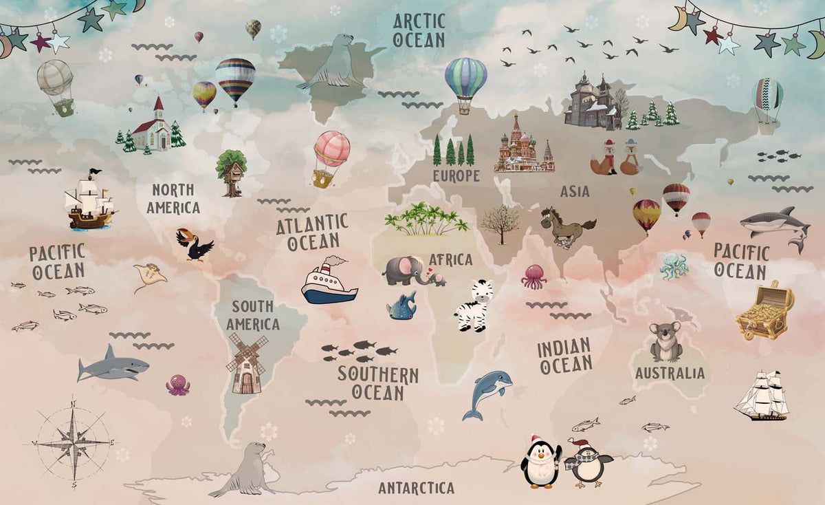 Tapet Personalizat Micii Exploratori cu harta lumii pentru copii cu animale si monumente - KIDS TREASURE MAP