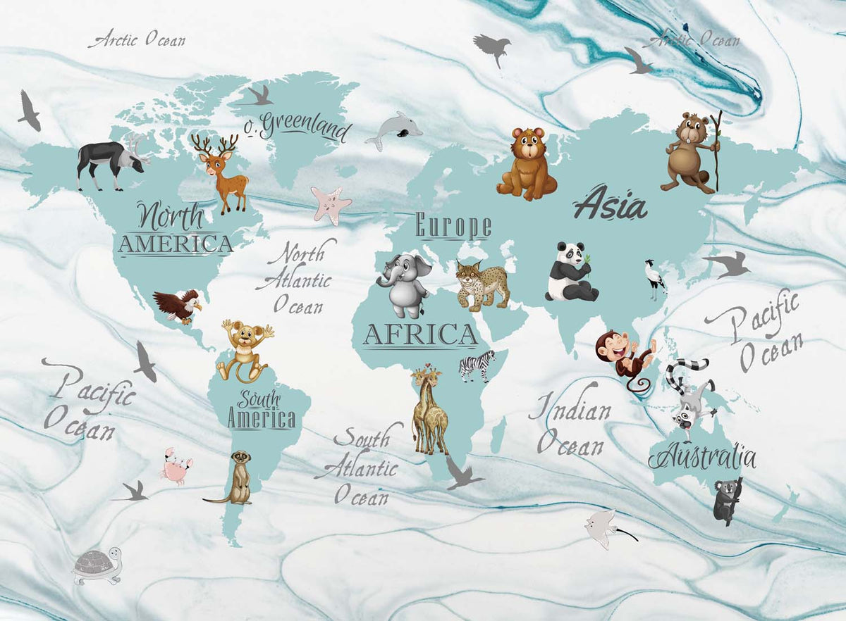 Tapet Personalizat Micii Exploratori cu harta continentelor si fundal de ghetar in nuante de albastru - ICEBERG MAP
